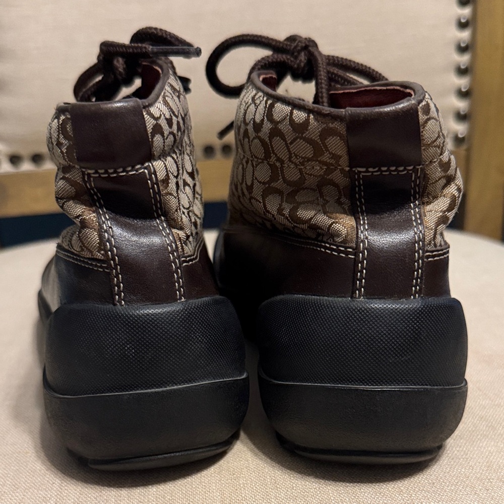 Coach “Dianne” Brown and Black Monogram Lace-Up Boots, Size 8M - Picture 3 of 12